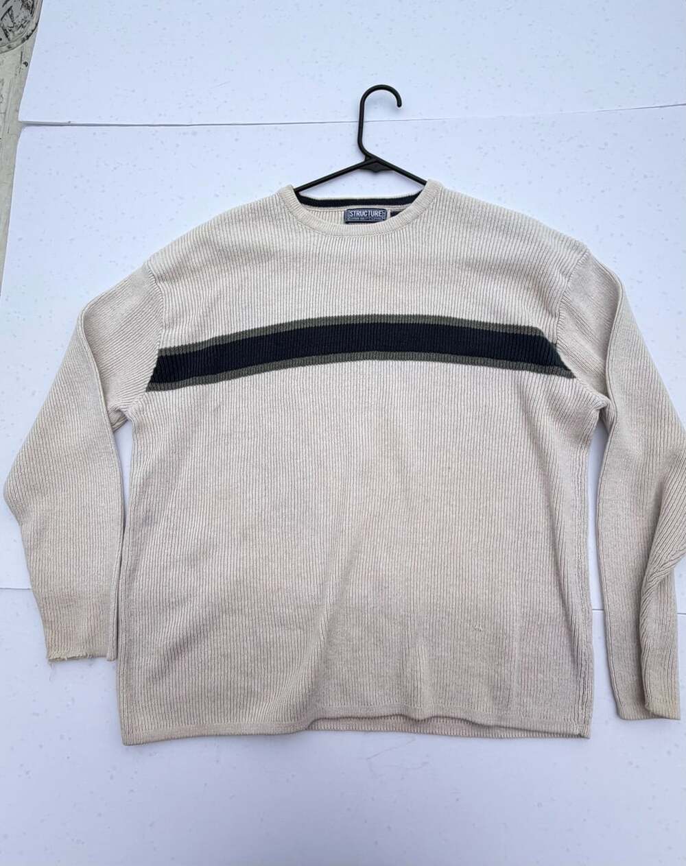 Structure Ribbed Knit Pullover Sweater Cream Striped - Picture 1 of 4